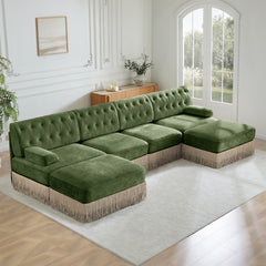 4-Seater with 2 Ottomans Cloud Modular Sectional,Tassel Skirt,Button Tufted Design,High-density High Resilience Foam,Ergonomic Design,Premium Wooden Base,For Living Rooms Bedroom,Green
