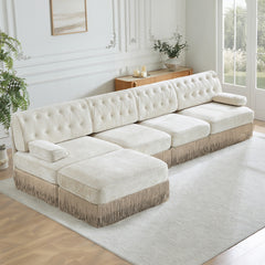 135" L Shaped Pet-friendly Velvet Fabric,Chesterfield Style Sofa,Tassel Skirt,Slightly Curved Square Armrests,Free Combination,Ergonomic design,For Living Rooms Rest Areas Bedroom,Beige