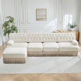 135" L Shaped Pet-friendly Velvet Fabric,Chesterfield Style Sofa,Tassel Skirt,Slightly Curved Square Armrests,Free Combination,Ergonomic design,For Living Rooms Rest Areas Bedroom,Beige