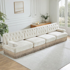 135" Soft Velvet Fabric,Button Tufted Design Chesterfield Style Sofa,Tassel Skir,Modular Combination Design,Premium Wooden Base,Easy to Assemble,High-density high resilience foam,For Lounge,Beige