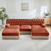 U Shaped Breathable Comfort Velvet Fabric,Chesterfield Style Sofa,Floor-grazing Tassel Fringe Skirt,Modular Combination Design,Ergonomic design,Button Tufted Design,For Living Rooms Bedroom,Red Brown