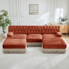 U Shaped Breathable Comfort Velvet Fabric,Chesterfield Style Sofa,Floor-grazing Tassel Fringe Skirt,Modular Combination Design,Ergonomic design,Button Tufted Design,For Living Rooms Bedroom,Red Brown
