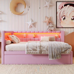 Upholstered Full Size Platform Bed with USB Ports and LED Belt, With Trundle, Pink