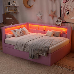 Upholstered Full Size Platform Bed with USB Ports and LED Belt, With Trundle, Pink