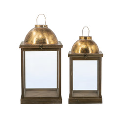 S/2 Brown Wooden Lanterns with Clear Glass Panels and Gold Metal Dome Accents, L:14x14x28.5" S:11x11x23"