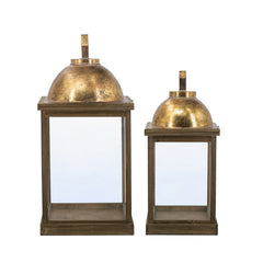 S/2 Brown Wooden Lanterns with Clear Glass Panels and Gold Metal Dome Accents, L:14x14x28.5" S:11x11x23"