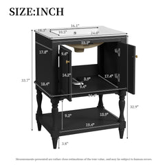 24 inch Modern Luxury Bathroom Vanity with Ceramic Sink, Bathroom Cabinet with Open Shelf and Closed Storage