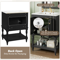 24 inch Modern Luxury Bathroom Vanity with Ceramic Sink, Bathroom Cabinet with Open Shelf and Closed Storage