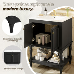 24 inch Modern Luxury Bathroom Vanity with Ceramic Sink, Bathroom Cabinet with Open Shelf and Closed Storage