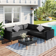 <Old SKU: FG201221AAE> GO 4-pieces Outdoor Wicker Sofa Set, Patio Furniture with Colorful Pillows, L-shape sofa set, Gray cushions and Black Rattan