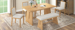 TREXM 6-Piece Rustic Farmhouse Dining Table Set with Wire Brushed Design, Rectangular Dining Table with Trapezoid Legs, 4 Upholstered Linen Chairs & 1 Padded Bench for Dining Room & Kitchen (Natural)