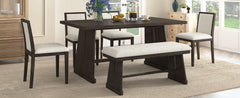 TREXM 6-Piece Rustic Farmhouse Dining Table Set with Wire Brushed Design, Rectangular Dining Table with Trapezoid Legs, 4 Upholstered Linen Chairs & 1 Padded Bench for Dining Room & Kitchen (Espresso)