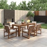 TREXM Patio Table and Chairs Set, Outdoor Dining Set for 6 with Umbrella Hole, 7 Piece Outdoor Patio Furniture Set Wood Frame with Removable Cushion for Garden, Backyard, Lawn, and Poolside