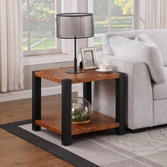 23.6-inch wide square end table, burl wood grain metal countertop, matte black metal double-layer living room end table