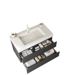 VENO 36" Bathroom Vanity with Undermount Sink, Modern Wall-Mounted Floating Plywood Striped Bathroom Storage Cabinet with 2 Drawers, White Integrated Rectangular Basin without Faucet, Gray Color