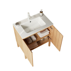 NIKO 30" Bathroom Vanity with Sink, Modern Freestanding Bathroom Storage Cabinet with Double Doors, White Ceramic Basin without Faucet, Natural Wood Woodgrain Color