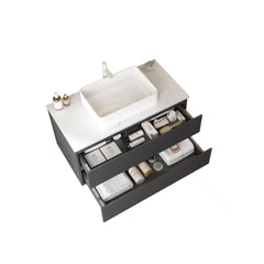 VEDO 36" Bathroom Vanity with Vessel Sink, Wall-Mounted Floating Plywood Striped Bathroom Storage Cabinet with 2 Drawers, White Ceramic Basin and Carrara White Countertop, without Faucet, Gray Color