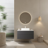 VEDO 36" Bathroom Vanity with Vessel Sink, Wall-Mounted Floating Plywood Striped Bathroom Storage Cabinet with 2 Drawers, White Ceramic Basin and Carrara White Countertop, without Faucet, Gray Color