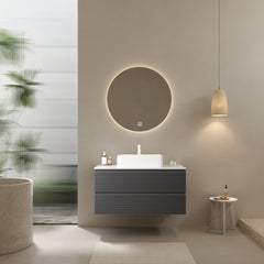 VEDO 36" Bathroom Vanity with Vessel Sink, Wall-Mounted Floating Plywood Striped Bathroom Storage Cabinet with 2 Drawers, White Ceramic Basin and Carrara White Countertop, without Faucet, Gray Color