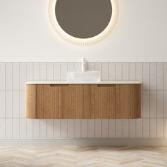 DINA 48" Bathroom Vanity&Sink, Floating Curved Edges Striped Storage Cabinet with 2 Drawers, Transparent Round Glass Basin&Travertine-Pattern Sintered Stone Top, Pre-assembled, Natural Woodgrain Color
