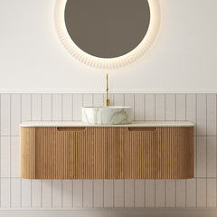 DINA 48" Bathroom Vanity&Sink, Floating Curved Edges Striped Cabinet with Drawers, Round Ceramic Basin with Stone Pattern&Travertine-Pattern Sintered Stone Top, Pre-assembled, Natural Woodgrain Color