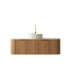 DINA 48" Bathroom Vanity&Sink, Floating Curved Edges Striped Cabinet with Drawers, Round Ceramic Basin with Stone Pattern&Travertine-Pattern Sintered Stone Top, Pre-assembled, Natural Woodgrain Color