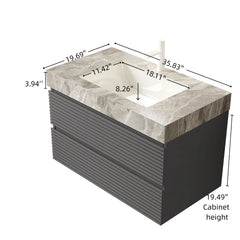 VENO 36" Bathroom Vanity with Undermount Sink, Floating Plywood Striped Storage Cabinet with 2 Drawers, Itlay Light Gray with Stone Pattern Sintered Stone Top, NO Faucet and Drain, Gray Color