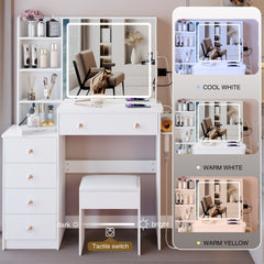 37 inch Middle Size Left Bedside Cabinet Vanity Table + Cushioned Stool Dresser Set, 2 AC+2 USB Socket, Hair Dryer Stand, Large Touch Control LED Sliding Mirror, 3-color Switch, EPA, GCC, UL Certificate
