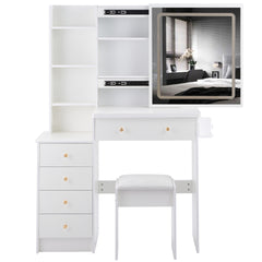 37 inch Middle Size Left Bedside Cabinet Vanity Table + Cushioned Stool Dresser Set, 2 AC+2 USB Socket, Hair Dryer Stand, Large Touch Control LED Sliding Mirror, 3-color Switch, EPA, GCC, UL Certificate