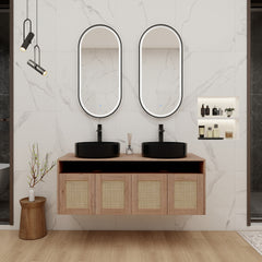 48" Bathroom Vanity with Black Ceramic Art Sink, 4-Soft Close Door, Float Mounting Design, Plywood (KD-Packing)