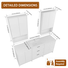 72" Freestanding Bathroom Vanity with Resin Sink Combination, 2-Storage Cabinet and 2-Wall Cabinet, Soft Closing Doors and Drawers, Glossy White, Plywood(KD-Packing)