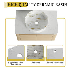 30'' Wall-Mounted Bathroom Vanity With Ceramic Art Sink & 2-Soft-Close Door, KD-Packing, Plywood