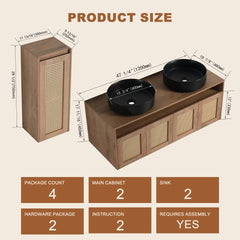 48" Bathroom Vanity with 2-Ceramic Art Sink and Side Cabinet, 4-Soft Close Door, Float Mounting Design, Plywood (KD-Packing)
