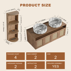 48" Bathroom Vanity with 2-Ceramic Art Sink and Storage Rack, 4-Soft Close Door, Float Mounting Design, Plywood (KD-Packing)
