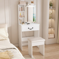 Modern Mini Dressing Table with LED-lit Mirror & Hidden Storage,Includes Padded Stool,Adjustable Brightness Vanity Desk,Multi-tier Dust-proof Shelves,White