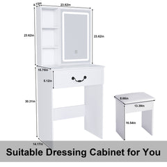 Modern Mini Dressing Table with LED-lit Mirror & Hidden Storage,Includes Padded Stool,Adjustable Brightness Vanity Desk,Multi-tier Dust-proof Shelves,White