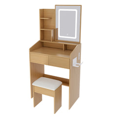 Vanity Table with LED-Illuminated Mirror, Power Outlet, Hairdryer Holder & Stool – Compact Dressing Desk for Small Bedrooms(Wood)