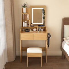 Vanity Table with LED-Illuminated Mirror, Power Outlet, Hairdryer Holder & Stool – Compact Dressing Desk for Small Bedrooms(Wood)