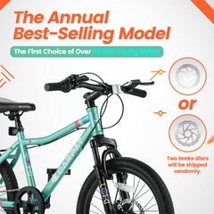 S20101 20 Inch Kids' Bike, Boys Girls Mountain Bike Ages 6-12, 7 Speed Teenager Children Kids' Bicycles, Front Suspension Disc Brake Rear V-Brake, High Steel Frame