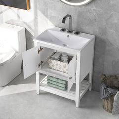 24" White Modern Sleek Bathroom Vanity Elegant Ceramic Sink with Solid Wood Frame Open Style Shelf (OLD SKU: JL000001AAK)