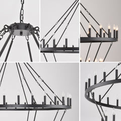 70.87 INCH 4 Tiers Wagon Wheel Chandelier Farmhouse 60-Lights , Black Metal Chandeliers 4-Story Light Fixtures Industrial for High Ceiling Living Dining Room Foyer. Adjustable Height-E12