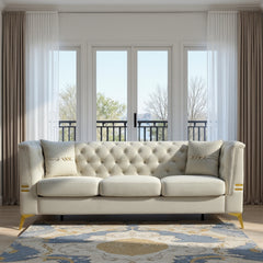 FX-P83-CW3 (SOFA WITH 2PILLOWS)-Modern Tufted Velvet Sofa, 82.67" Mid-Century 3-Seater Couch with Gold Metal Legs & Pillows, Elegant Chesterfield-Style Sofa for Living Room, Cream White
