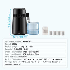 Water Distiller, 4L 1.05 Gallon Pure Water Purifier Filter For Home Countertop, 750W Distilled Water Maker, Stainless Steel Interior Distiller Water Making Machine to Make Clean Water, Black