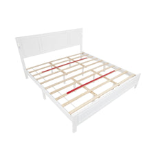 King Size Bed with Tall-Panel Headboard & Footboard, Built-in LED Lights, USB Charging Station, Pinewood Bed with Strengthened Bed Frame ,White