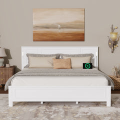 King Size Bed with Tall-Panel Headboard & Footboard, Built-in LED Lights, USB Charging Station, Pinewood Bed with Strengthened Bed Frame ,White