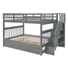 Stairway Full-Over-Full Bunk Bed with Twin size Trundle, Storage and Guard Rail for Bedroom, Dorm - Gray(OLD SKU :LT000210AAE)