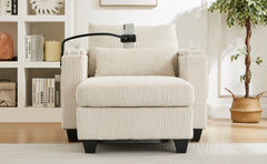 Convertible Chaise Lounge 37.4" Sofa Chair Sofa Bed Corduroy Sleeper Sofa with USB Ports , Two Cup Holders, Phone Holder and Ample Storage Space for Living Room and Bedroom, Beige