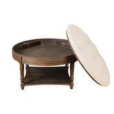 Large Round WaterProof Ottoman Coffee Table 2 Tier Oversized Button Tufted Ottoman with Wooden Shelf Storage Farmhouse Upholstered Coffee Table Living Room Footstool Ottoman Linen(Beige)