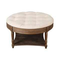 Large Round WaterProof Ottoman Coffee Table 2 Tier Oversized Button Tufted Ottoman with Wooden Shelf Storage Farmhouse Upholstered Coffee Table Living Room Footstool Ottoman Linen(Beige)