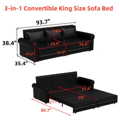 Chesterfield Sofa,93.7" King Pull Out Sofa Bed,3-in-1 Faux Leather Convertible Sleeper Sofa with Nailhead Trim & Rolled Arm,Multi-Functional Sofa Bed,Black(old sku:W1885S00033/W1885S00094)
